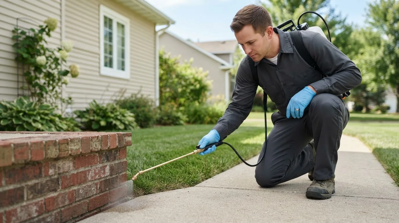 Pest control technician treating a home near Strausstown, PA
